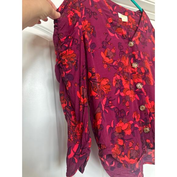 Anthropologie MaEve Purple with Pink/Corral Floral Pattern Button Down Blouse - Picture 4 of 5